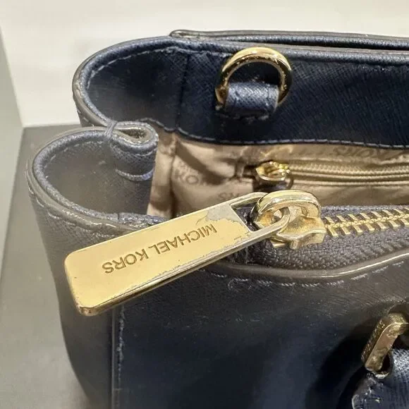 Michael Kors Kellen Medium Satchel Navy Blue Saffiano Leather Gold Hardware - Picture 11 of 15